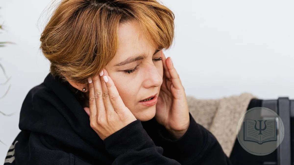 Woman holding her jaw with both hands from the tension and pain of bruxism