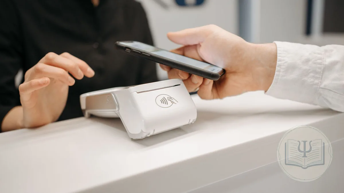A patient paying for a session with their phone at the card reader on a practice’s front desk