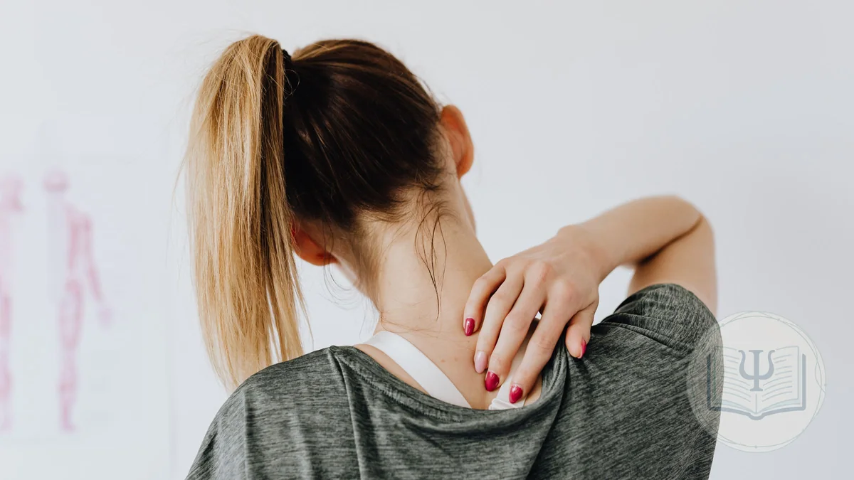 Mujer con la mano en el cuello por dolor crónico persistente antes de una sesión de tratamiento psicológico