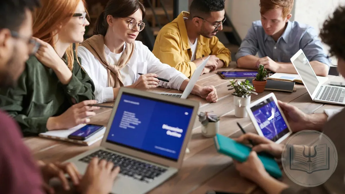 Equipo diverso colaborando en una oficina moderna — programa EAP de psicología para empresas y empleados