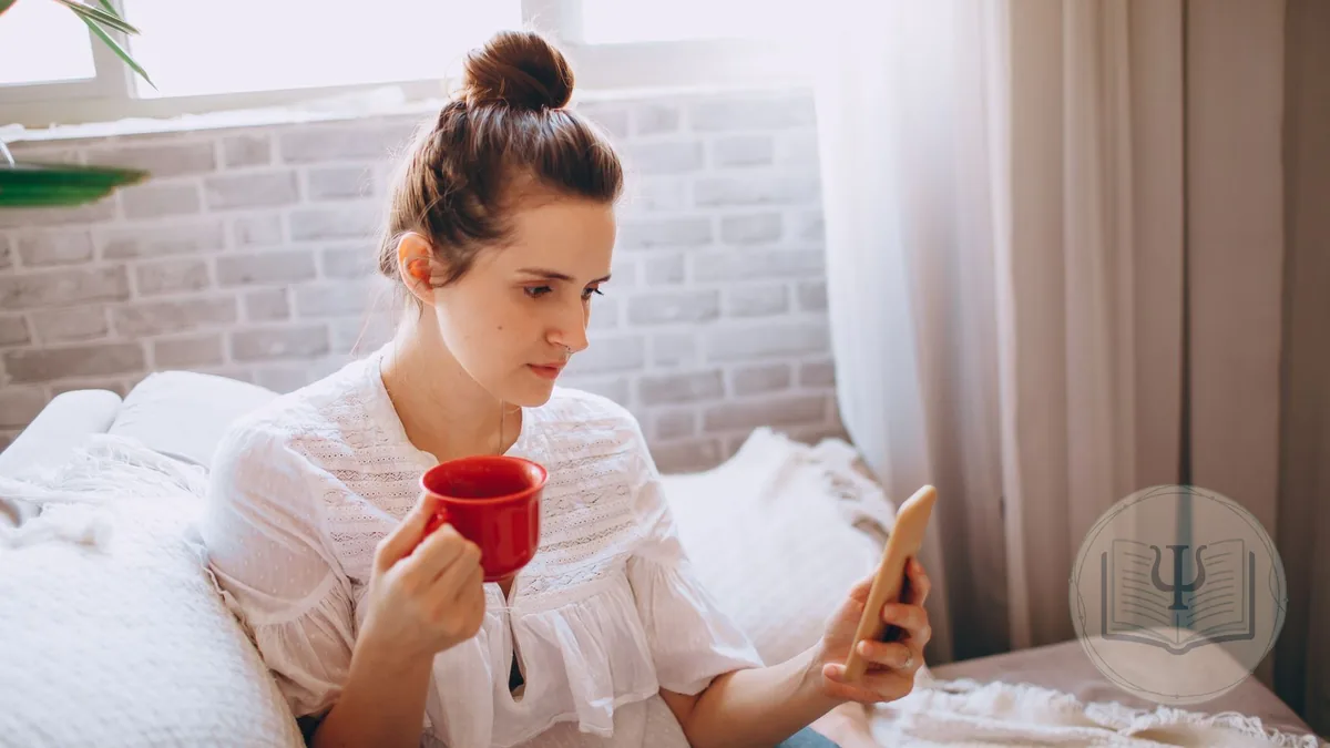 Paciente en el sofá de casa con una taza en la mano mirando el móvil mientras pide cita a su psicóloga por WhatsApp