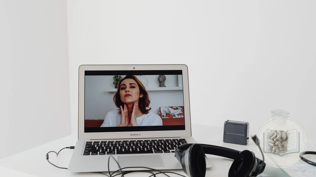 Psicóloga en una videoconsulta online con un paciente desde un portátil sobre un escritorio