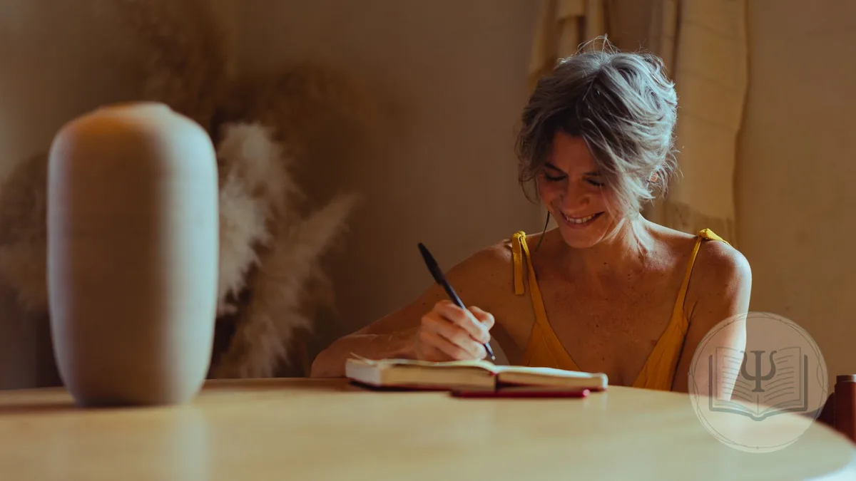 Mujer sonriente escribe en una libreta en la mesa de su casa, haciendo la tarea entre sesiones de terapia psicológica