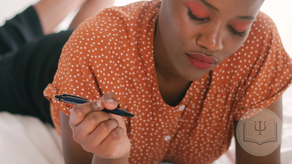 Woman writing with a pen while re-authoring her story in narrative therapy