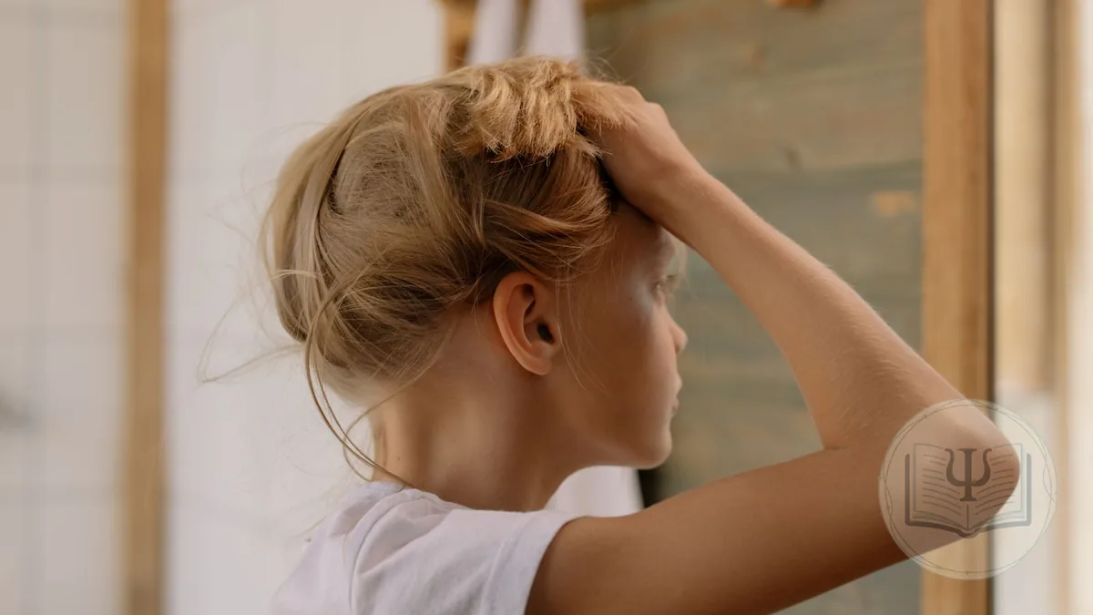 Chica de perfil agarrándose el pelo de la coronilla con la mano, un gesto habitual en la tricotilomanía